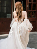 Ndyad lace tulle long prom dress, Champagne wedding dress HZ1024