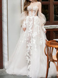 Ndyad lace tulle long prom dress, Champagne wedding dress HZ1024