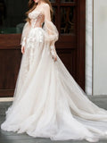 Ndyad lace tulle long prom dress, Champagne wedding dress HZ1024