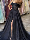 Ndyad tulle sequin long prom dress, black tulle evening dress HZ1024