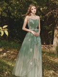 Ndyad A-Line Spaghetti Strap Tulle Lace Long Prom Dress ,Formal Evening Dress HZ1024