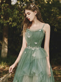 Ndyad A-Line Spaghetti Strap Tulle Lace Long Prom Dress ,Formal Evening Dress HZ1024