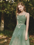 Ndyad A-Line Spaghetti Strap Tulle Lace Long Prom Dress ,Formal Evening Dress HZ1024