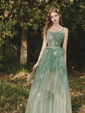 Ndyad A-Line Spaghetti Strap Tulle Lace Long Prom Dress ,Formal Evening Dress HZ1024