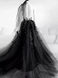 Ndyad A-Line Tulle Lace Appliques Sleeveless,Backless Train Wedding Dresses HZ1024