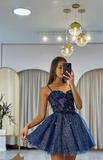 Ndyad Sweetheart Neck Tulle Lace Short Prom Dress, Dark Blue Homecoming Dress HZ1024