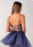 Ndyad Sweetheart Neck Tulle Lace Short Prom Dress, Dark Blue Homecoming Dress HZ1024