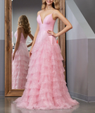 Ndyad Pink A-Line Tiered Spaghetti Straps Tulle Prom Dress,Light Pink Sweet 16 Dress HZ1024