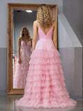 Ndyad Pink A-Line Tiered Spaghetti Straps Tulle Prom Dress,Light Pink Sweet 16 Dress HZ1024