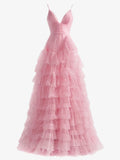 Ndyad Pink A-Line Tiered Spaghetti Straps Tulle Prom Dress,Light Pink Sweet 16 Dress HZ1024