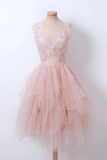 Ndyad Dresses,pink V Neck Tulle Lace Short Prom Dress, Pink Homecoming Dress HZ1024