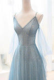 Ndyad Blue Sparkly Tulle Long Prom Dress, A-Line Spaghetti Strap Evening Dress HZ1024