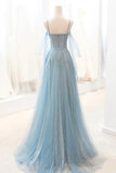 Ndyad Blue Sparkly Tulle Long Prom Dress, A-Line Spaghetti Strap Evening Dress HZ1024