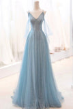 Ndyad Blue Sparkly Tulle Long Prom Dress, A-Line Spaghetti Strap Evening Dress HZ1024