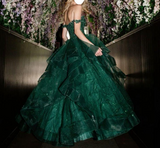 Ndyad Green A Line V Neck Tulle Sequin Lace Long Prom Dress,Dark Green Formal Prom Dress HZ1024