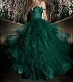 Ndyad Green A Line V Neck Tulle Sequin Lace Long Prom Dress,Dark Green Formal Prom Dress HZ1024