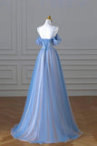 Ndyad A-Line Tulle Sequins Pearls Spaghetti Straps Prom Dress,Blue Formal Prom Dress HZ1024