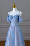 Ndyad A-Line Tulle Sequins Pearls Spaghetti Straps Prom Dress,Blue Formal Prom Dress HZ1024