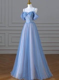 Ndyad A-Line Tulle Sequins Pearls Spaghetti Straps Prom Dress,Blue Formal Prom Dress HZ1024