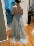 Ndyad Blue Beaded Tulle Spaghetti Straps Prom Dress HZ1024