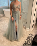 Ndyad Blue Beaded Tulle Spaghetti Straps Prom Dress HZ1024