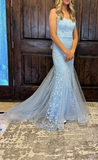 Ndyad Straps Mermiad Blue Beaded Tulle Sequin Prom Dress with Appliques HZ1024