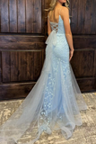 Ndyad Straps Mermiad Blue Beaded Tulle Sequin Prom Dress with Appliques HZ1024