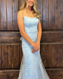 Ndyad Straps Mermiad Blue Beaded Tulle Sequin Prom Dress with Appliques HZ1024