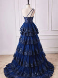 Ndyad Shoulder Dark Navy Blue Long Lace Prom Dresses, One Shoulder Dark Navy Blue Lace Formal Dresses HZ1024