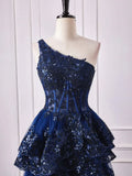 Ndyad Shoulder Dark Navy Blue Long Lace Prom Dresses, One Shoulder Dark Navy Blue Lace Formal Dresses HZ1024