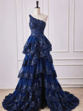 Ndyad Shoulder Dark Navy Blue Long Lace Prom Dresses, One Shoulder Dark Navy Blue Lace Formal Dresses HZ1024