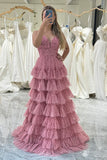 Ndyad A Line Spaghetti Straps Printed Tulle Prom Dress with Ruffles HZ1024