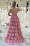 Ndyad A Line Spaghetti Straps Printed Tulle Prom Dress with Ruffles HZ1024