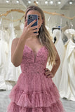 Ndyad A Line Spaghetti Straps Printed Tulle Prom Dress with Ruffles HZ1024