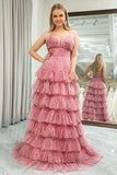 Ndyad A Line Spaghetti Straps Printed Tulle Prom Dress with Ruffles HZ1024