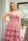 Ndyad A Line Spaghetti Straps Printed Tulle Prom Dress with Ruffles HZ1024