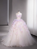 Ndyad Tulle Sequin Long Prom Dress, Strapless Pink And Purple Three-Dimensional Flower Wedding Dress HZ1024