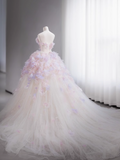 Ndyad Tulle Sequin Long Prom Dress, Strapless Pink And Purple Three-Dimensional Flower Wedding Dress HZ1024