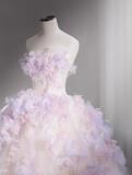 Ndyad Tulle Sequin Long Prom Dress, Strapless Pink And Purple Three-Dimensional Flower Wedding Dress HZ1024
