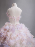 Ndyad Tulle Sequin Long Prom Dress, Strapless Pink And Purple Three-Dimensional Flower Wedding Dress HZ1024