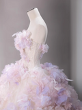 Ndyad Tulle Sequin Long Prom Dress, Strapless Pink And Purple Three-Dimensional Flower Wedding Dress HZ1024