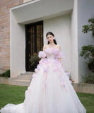 Ndyad Tulle Sequin Long Prom Dress, Strapless Pink And Purple Three-Dimensional Flower Wedding Dress HZ1024