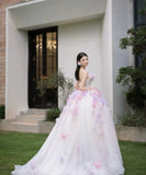 Ndyad Tulle Sequin Long Prom Dress, Strapless Pink And Purple Three-Dimensional Flower Wedding Dress HZ1024