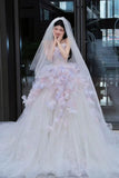 Ndyad Tulle Sequin Long Prom Dress, Strapless Pink And Purple Three-Dimensional Flower Wedding Dress HZ1024