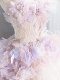 Ndyad Tulle Sequin Long Prom Dress, Strapless Pink And Purple Three-Dimensional Flower Wedding Dress HZ1024