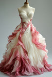 Ndyad A-line V-neck Tulle Beaded Long Prom Dress, Gradient Pink Elegant Formal Evening Dress HZ1024