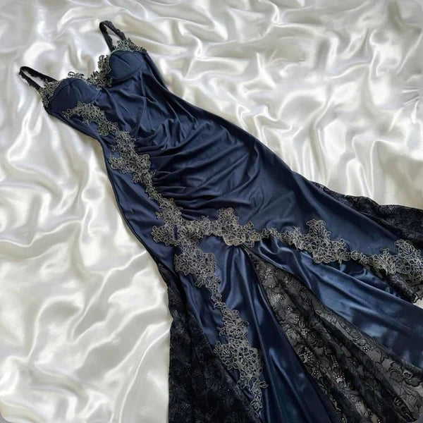 Ndyad Navy Blue Spaghetti Straps Mermaid Satin Appliques Prom Dresses Party Dresses HZ1024