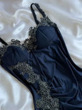 Ndyad Navy Blue Spaghetti Straps Mermaid Satin Appliques Prom Dresses Party Dresses HZ1024