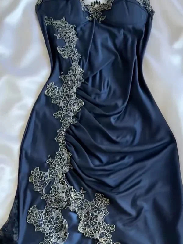Ndyad Navy Blue Spaghetti Straps Mermaid Satin Appliques Prom Dresses Party Dresses HZ1024