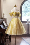 Ndyad Floral Tulle Knee Length Prom Dress, A-Line Off the Shoulder Homecoming Dress HZ1024